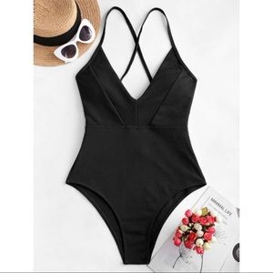 Zaful Black Crisscross Ribbed One Piece Swimsuit